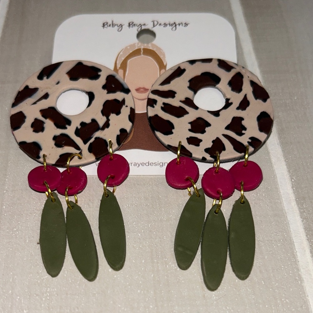 Leopard Print Earrings with Pink and Green Accents